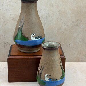 Set Of 2  Mexican Pottery Bud Vase Mini Folk Art  Tonala Ducks Signed Perez